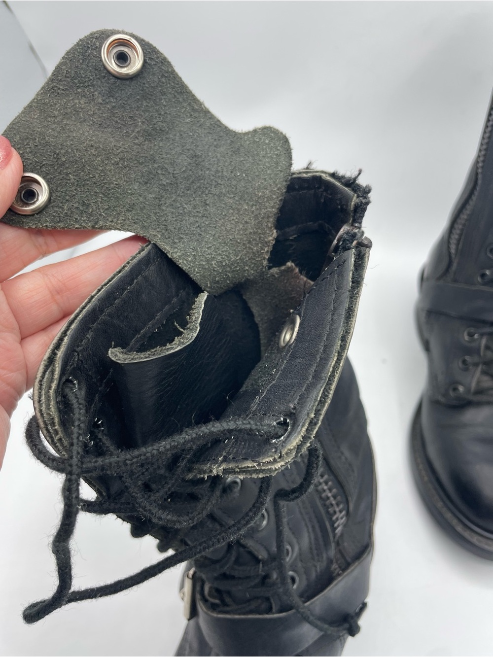 Double H Vintage Black Leather Lace-Up Combat Moto Boots with Buckle Strap. - Picture 10 of 16